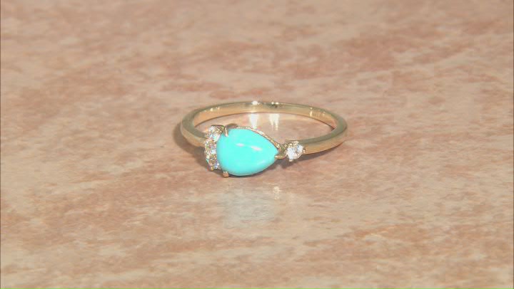 Blue Sleeping Beauty Turquoise with White Zircon 10k Yellow Gold Ring 0.11ctw Video Thumbnail