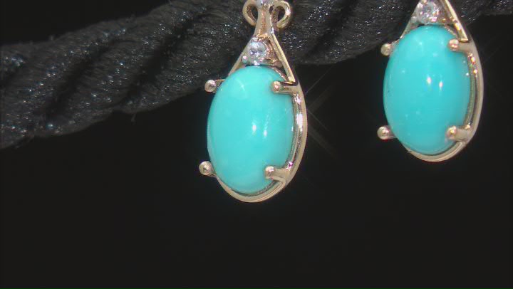 Blue Sleeping Beauty Turquoise with White Zircon 10k Yellow Gold Earrings 0.06ctw Video Thumbnail