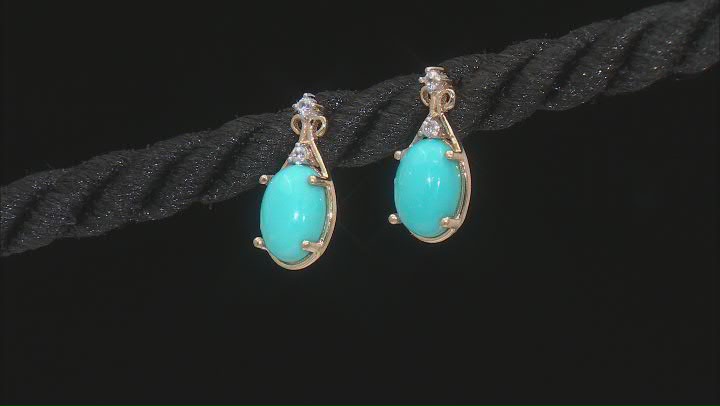 Blue Sleeping Beauty Turquoise with White Zircon 10k Yellow Gold Earrings 0.06ctw Video Thumbnail
