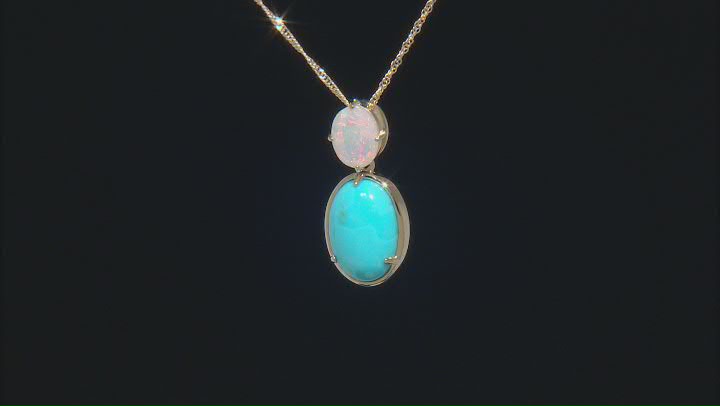 Blue Sleeping Beauty Turquoise With Ethiopian Opal 10k Yellow Gold Pendant With Chain 0.64ctw Video Thumbnail
