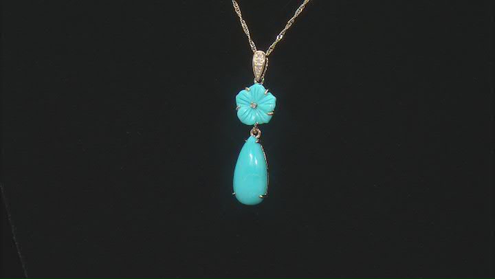 Blue Sleeping Beauty Turquoise With White Diamond 10k Yellow Gold Pendant With Chain 0.02ctw Video Thumbnail