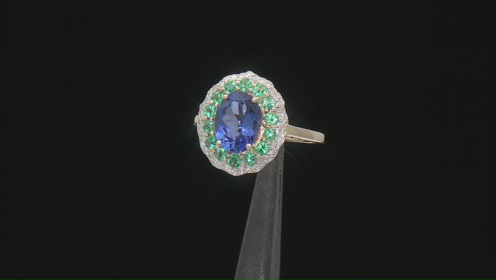 Blue Tanzanite with White Diamond and Emerald 10k Yellow Gold Ring Video Thumbnail