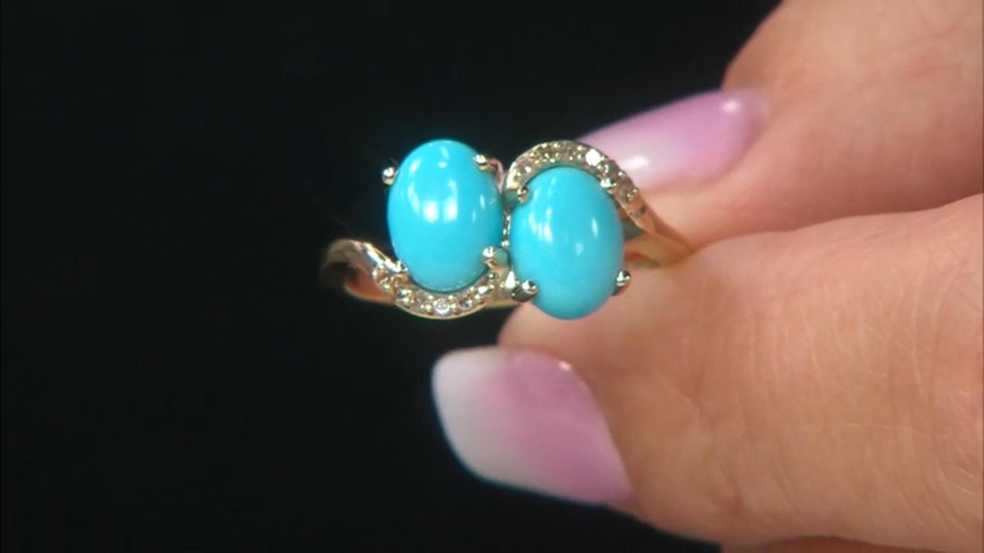 Blue Sleeping Beauty Turquoise With Champagne Diamonds 10k Yellow Gold Ring 0.06ctw Video Thumbnail