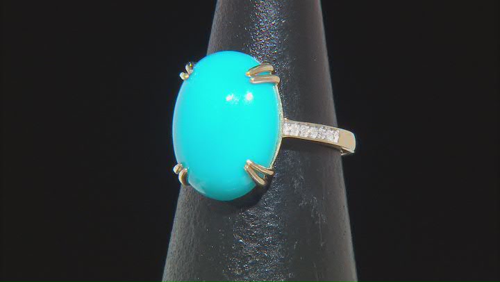 Blue Sleeping Beauty Turquoise With White Diamond 10k Yellow Gold Ring 0.04ctw Video Thumbnail