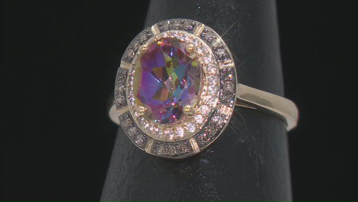 Multi Color Northern Lights Quartz with White Zircon & Champagne Diamond 10k Yellow Gold Ring Video Thumbnail