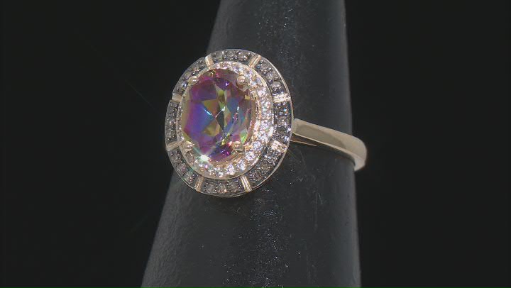 Multi Color Northern Lights Quartz with White Zircon & Champagne Diamond 10k Yellow Gold Ring Video Thumbnail