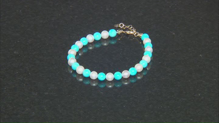 Blue Sleeping Beauty Turquoise with Cultured Freshwater Pearl 10k Yellow Gold Bracelet 0.15ctw Video Thumbnail