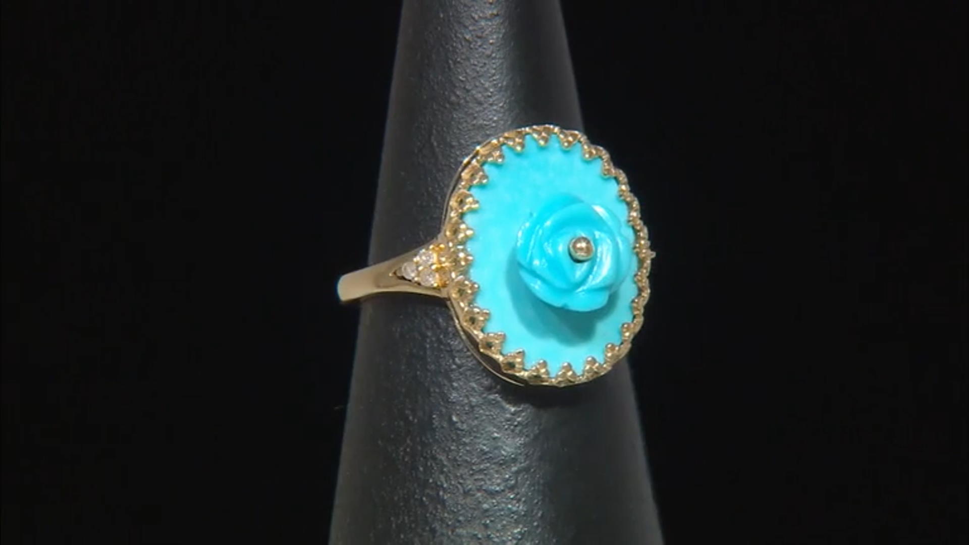 Blue Sleeping Beauty Turquoise With White Diamond 10k Yellow Gold Ring 0.03ctw Video Thumbnail