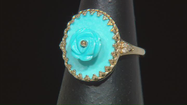 Blue Sleeping Beauty Turquoise With White Diamond 10k Yellow Gold Ring 0.03ctw Video Thumbnail