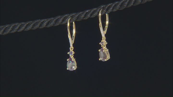 Blue Lab Created Alexandrite With White Diamond 10k Yellow Gold Earrings 2.02ctw Video Thumbnail