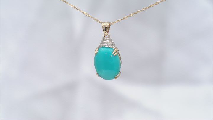 Blue Sleeping Beauty Turquoise With White Diamond 14k Yellow Gold Pendant With Chain 0.07ctw Video Thumbnail