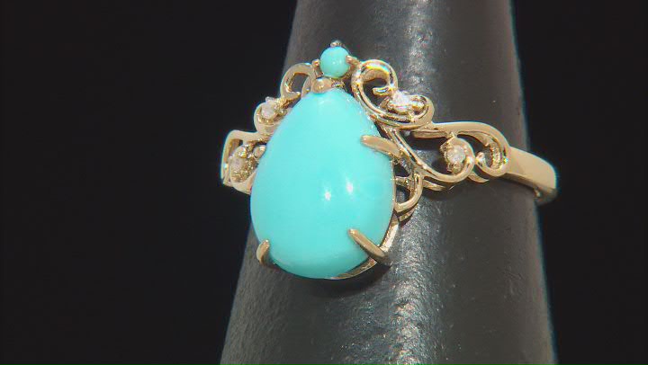 Blue Sleeping Beauty Turquoise With White Diamond Accent 14k Yellow Gold Ring 0.03ctw Video Thumbnail