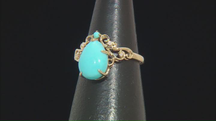Blue Sleeping Beauty Turquoise With White Diamond Accent 14k Yellow Gold Ring 0.03ctw Video Thumbnail
