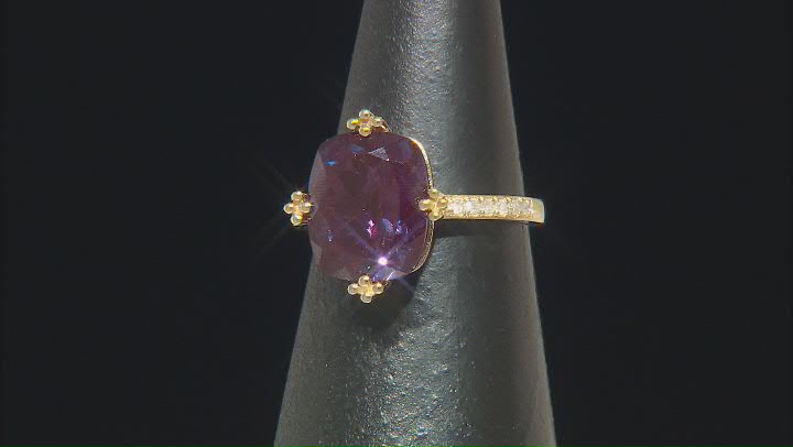 Blue Lab Created Alexandrite With White Diamond 10k Yellow Gold Ring Video Thumbnail