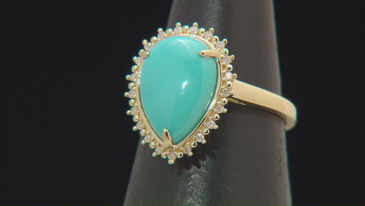 Blue Sleeping Beauty Turquoise With White Diamond 10k Yellow Gold Ring 0.09ctw Video Thumbnail