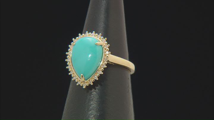 Blue Sleeping Beauty Turquoise With White Diamond 10k Yellow Gold Ring 0.09ctw Video Thumbnail