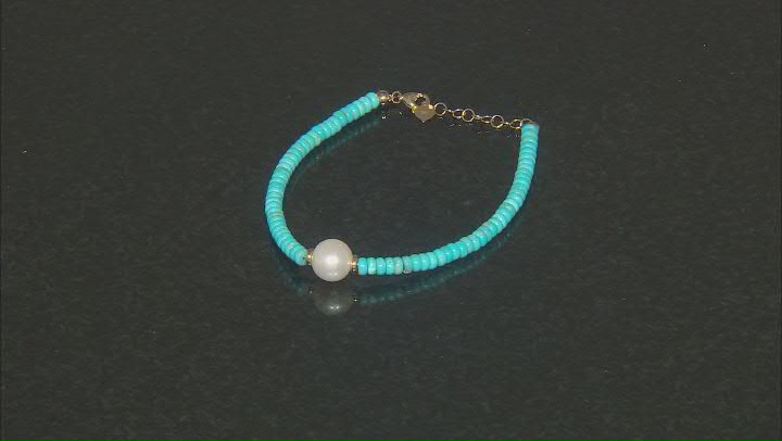 Blue Sleeping Beauty Turquoise With Cultured Freshwater Pearl 14k Yellow Gold Bracelet Video Thumbnail