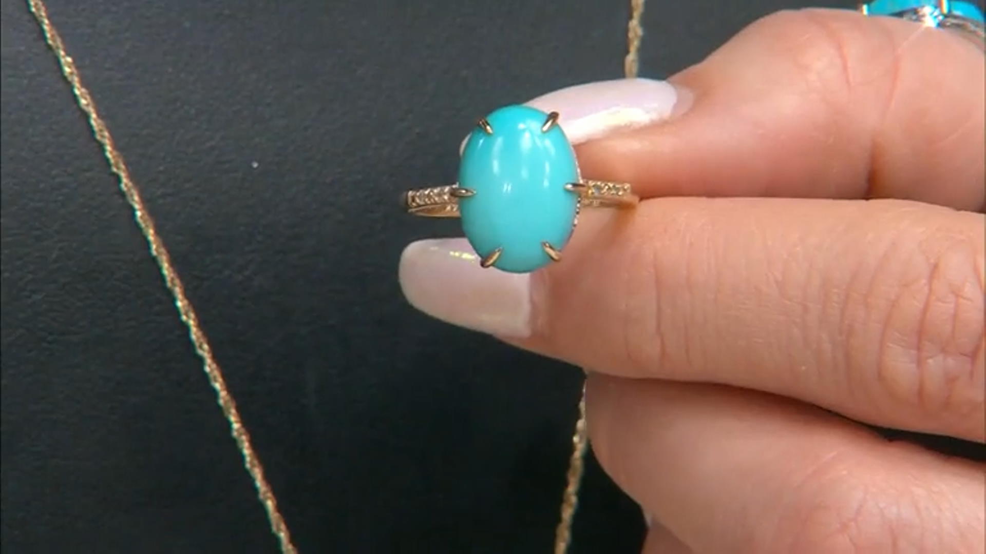 Blue Sleeping Beauty Turquoise With White Diamond 14k Yellow Gold Ring 0.02ctw Video Thumbnail
