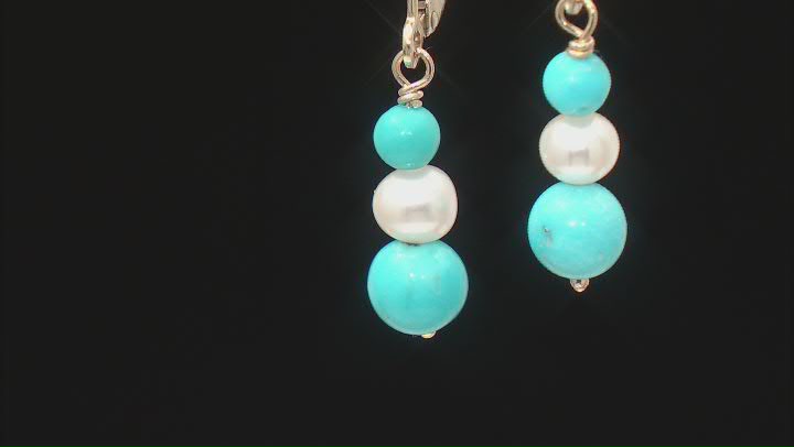 Blue Sleeping Beauty Turquoise With Cultured Freshwater Pearl 10k Yellow Gold Earrings Video Thumbnail