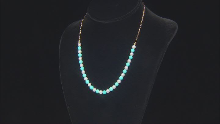 Blue Sleeping Beauty Turquoise With Cultured Freshwater Pearl 10k Yellow Gold Necklace Video Thumbnail