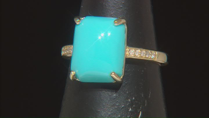 Blue Sleeping Beauty Turquoise With White Diamond 10k Yellow Gold Ring 0.04ctw Video Thumbnail