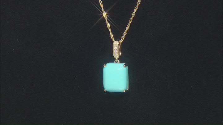Blue Sleeping Beauty Turquoise With White Diamond 10k Yellow Gold Pendant With Chain 0.03ctw Video Thumbnail