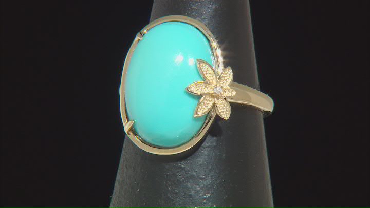 Blue Sleeping Beauty Turquoise With White Diamond 14k Yellow Gold Ring 0.01ctw Video Thumbnail
