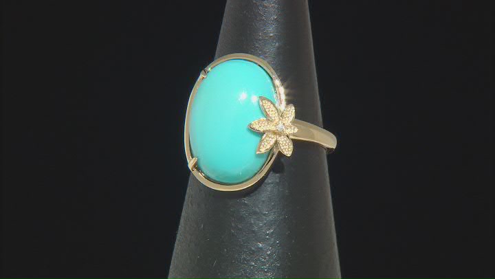 Blue Sleeping Beauty Turquoise With White Diamond 14k Yellow Gold Ring 0.01ctw Video Thumbnail