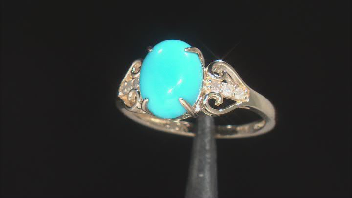 Blue Sleeping Beauty Turquoise With White Diamond 10k Yellow Gold Ring 0.08ctw Video Thumbnail
