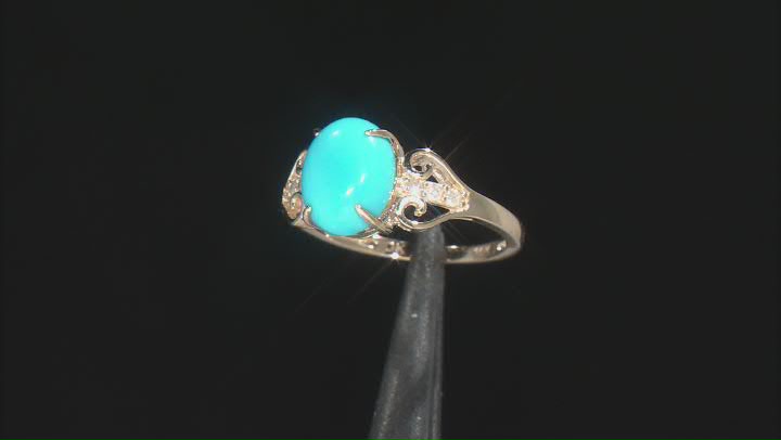 Blue Sleeping Beauty Turquoise With White Diamond 10k Yellow Gold Ring 0.08ctw Video Thumbnail
