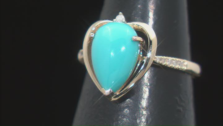Sleeping Beauty Turquoise With White Diamond 10k Yellow Gold Ring 0.06ctw Video Thumbnail