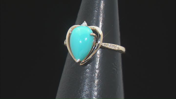 Sleeping Beauty Turquoise With White Diamond 10k Yellow Gold Ring 0.06ctw Video Thumbnail
