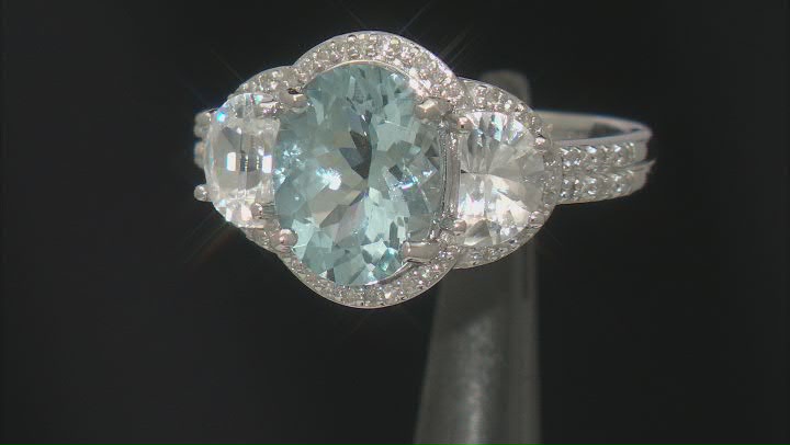 Aquamarine With White Zircon And White Diamond Rhodium Over 14k White Gold Ring 3.39ctw Video Thumbnail