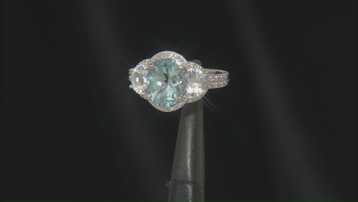 Aquamarine With White Zircon And White Diamond Rhodium Over 14k White Gold Ring 3.39ctw Video Thumbnail