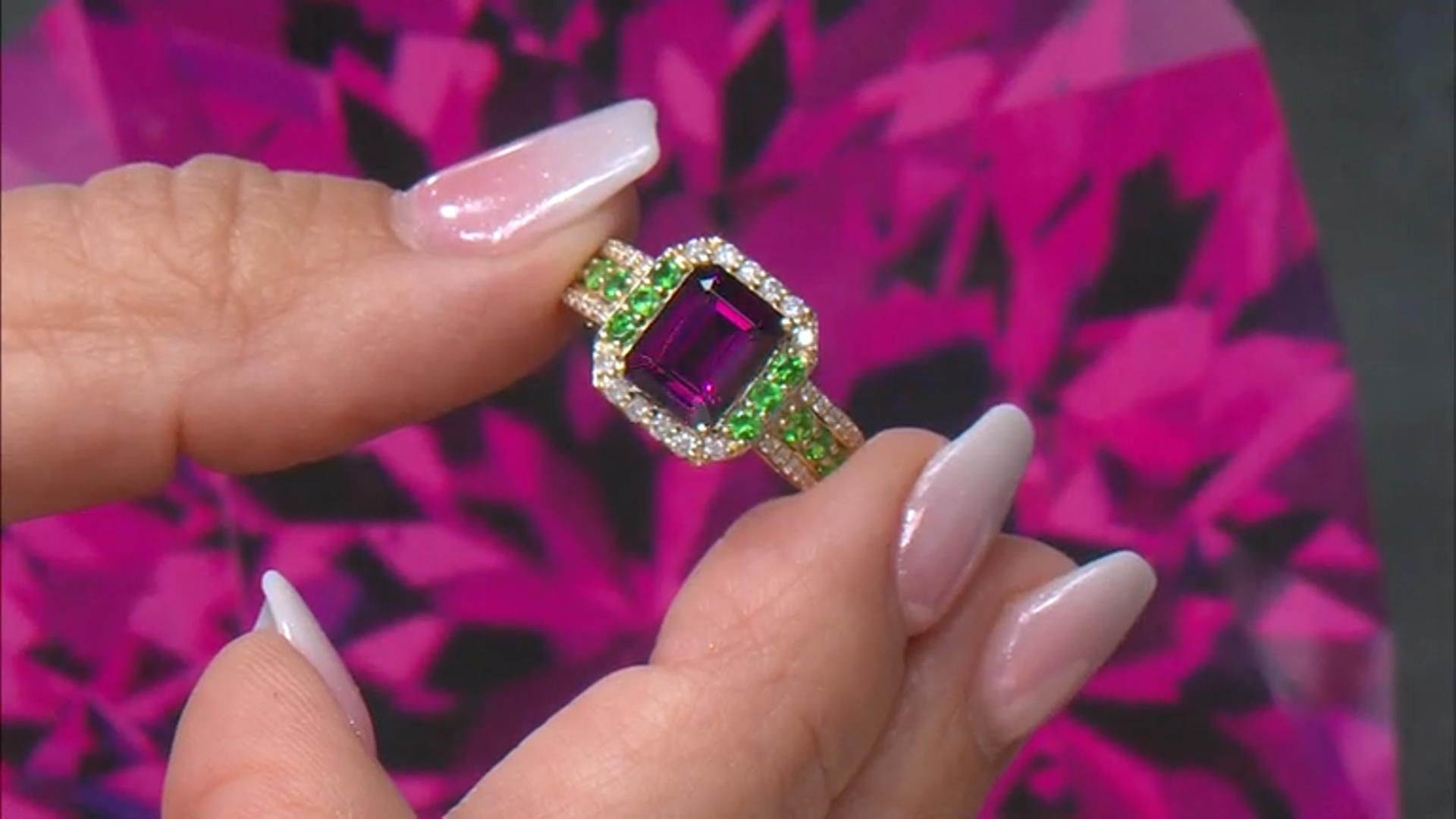 Melissa's Holiday Grape Color Garnet With Tsavorite With White Diamond 14k Yellow Gold Ring 3.22ctw Video Thumbnail