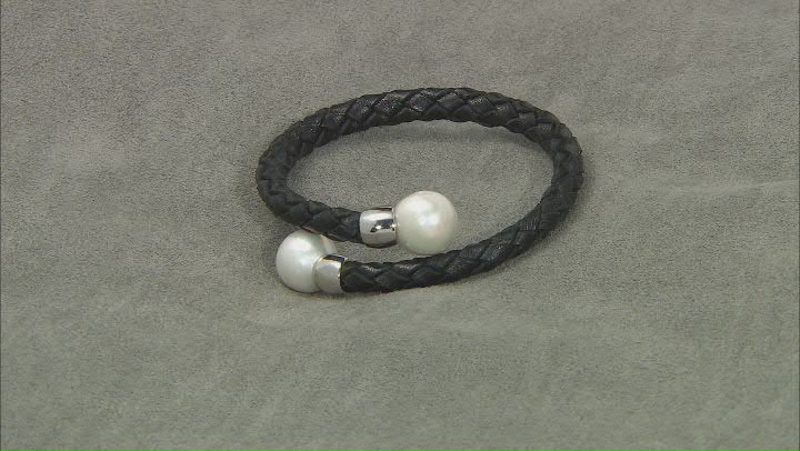 White Cultured Freshwater Pearl 11-12mm With  Black Leather & Rhodium Over Sterling Silver Bracelet Video Thumbnail