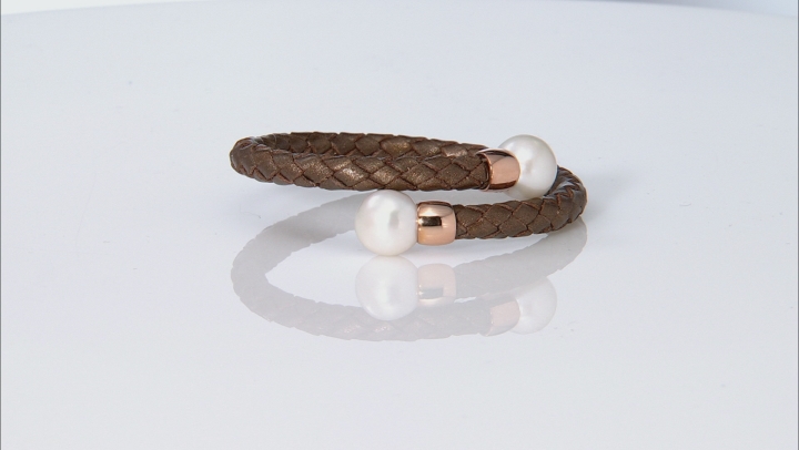 White Cultured Freshwater Pearl 11-12mm With Brown Leather & 18k Rose Gold Over Silver Bracelet Video Thumbnail