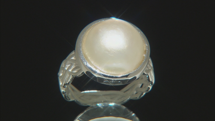 White Cultured South Sea Mabe Pearl Rhodium Over Sterling Silver Ring 13mm Video Thumbnail