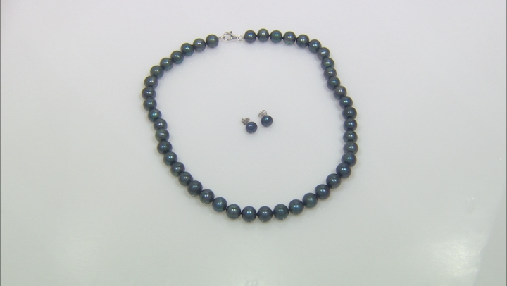 9-11mm Black Cultured Freshwater Pearl, Rhodium Over Silver 20 Inch Necklace & Stud Earrings Set Video Thumbnail