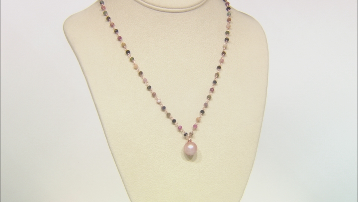 12-12.5mm Pink Cultured Freshwater Pearl & Tourmaline 18k Rose Gold Over Silver 18 Inch Necklace
