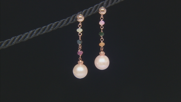 10.5-11mm Pink Cultured Freshwater Pearl & Tourmaline 18k Rose Gold Over Silver Earrings Video Thumbnail