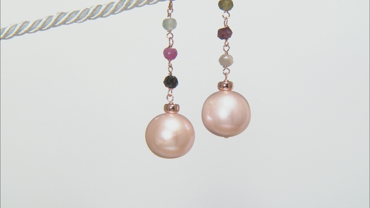 10.5-11mm Pink Cultured Freshwater Pearl & Tourmaline 18k Rose Gold Over Silver Earrings Video Thumbnail