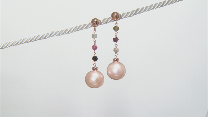 10.5-11mm Pink Cultured Freshwater Pearl & Tourmaline 18k Rose Gold Over Silver Earrings Video Thumbnail