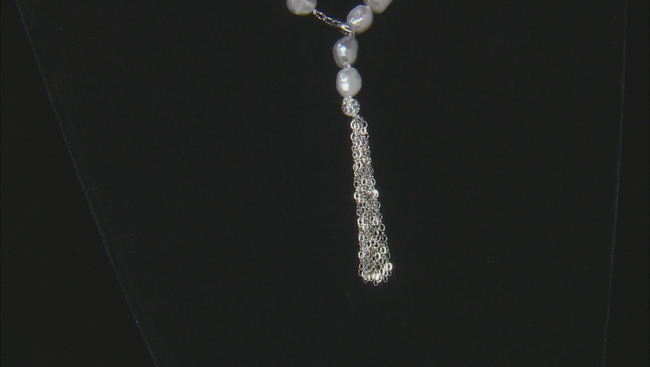 7-8mm Silver Cultured Freshwater Pearl Rhodium Over Sterling Silver Tassel Drop 24 inch Necklace Video Thumbnail