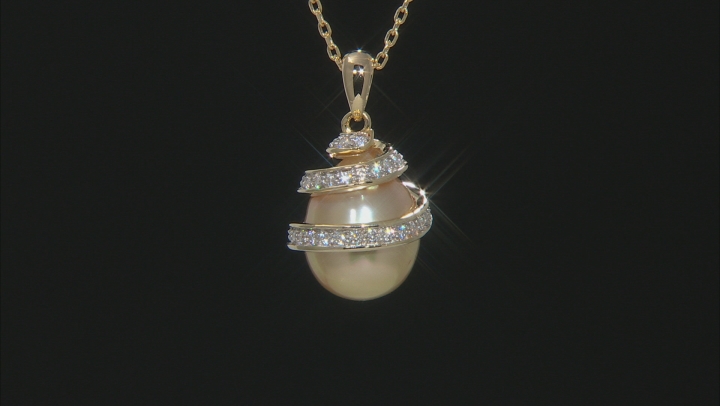 11mm Cultured Golden South Sea Pearl & Moissanite Fire® 0.45ctw Dew 18k Gold over Silver Pendant Video Thumbnail