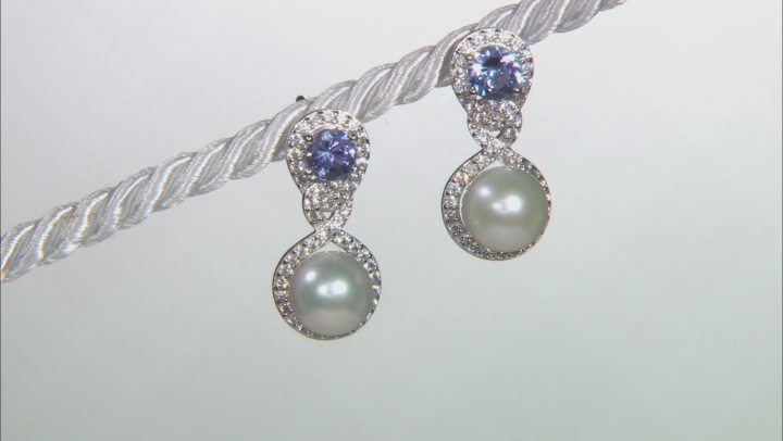 White Cultured Freshwater Pearl With Tanzanite & White Zircon Rhodium Over Sterling Silver Earrings Video Thumbnail
