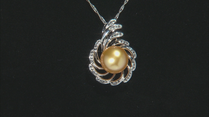 Golden Cultured South Sea 13-14mm Pearl And 0.57ctw White Topaz Sterling Silver Pendant With Chain Video Thumbnail