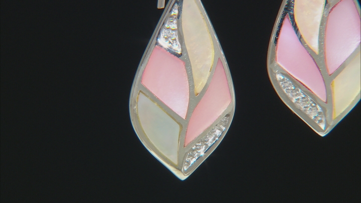 Pink And White South Sea Mother-of-Pearl With White Zircon Rhodium Over Sterling Silver Earrings Video Thumbnail