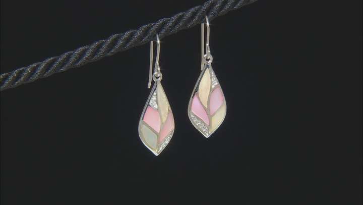 Pink And White South Sea Mother-of-Pearl With White Zircon Rhodium Over Sterling Silver Earrings Video Thumbnail