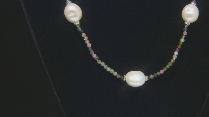 Cultured Freshwater Pearl With Tourmaline And Diamond Simulant Silver Tone 32 Inch Necklace Video Thumbnail